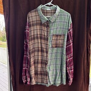 Cotton On Patchwork Plaid Button-Down Shirt in Green, Brown & Burgundy